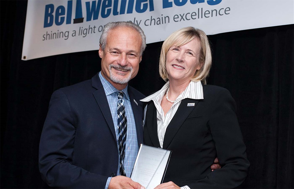 Bellwether League’s Nick Gaich with retiring Treasurer Mary Starr.