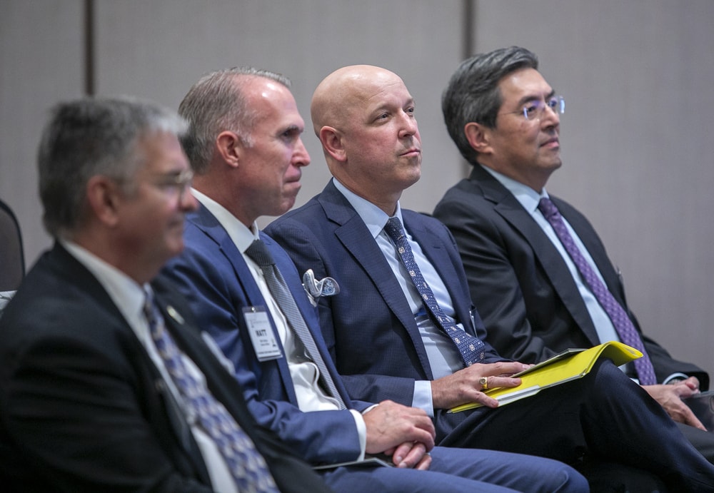 (From left to right) Mark Van Sumeren (Bellwether Class of 2021), Owens & Minor's Matt Gattuso, David Myers (Bellwether Class of 2022), and HIDA's Matthew Rowan listen intently.