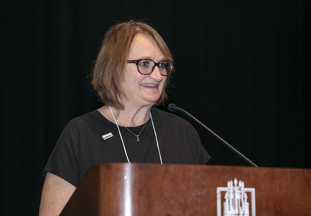 Bellwether League Foundation Chairman Deborah Templeton welcomes attendees to BLFIRE15, held on a college campus, Marquette University in Milwaukee, for the first time.