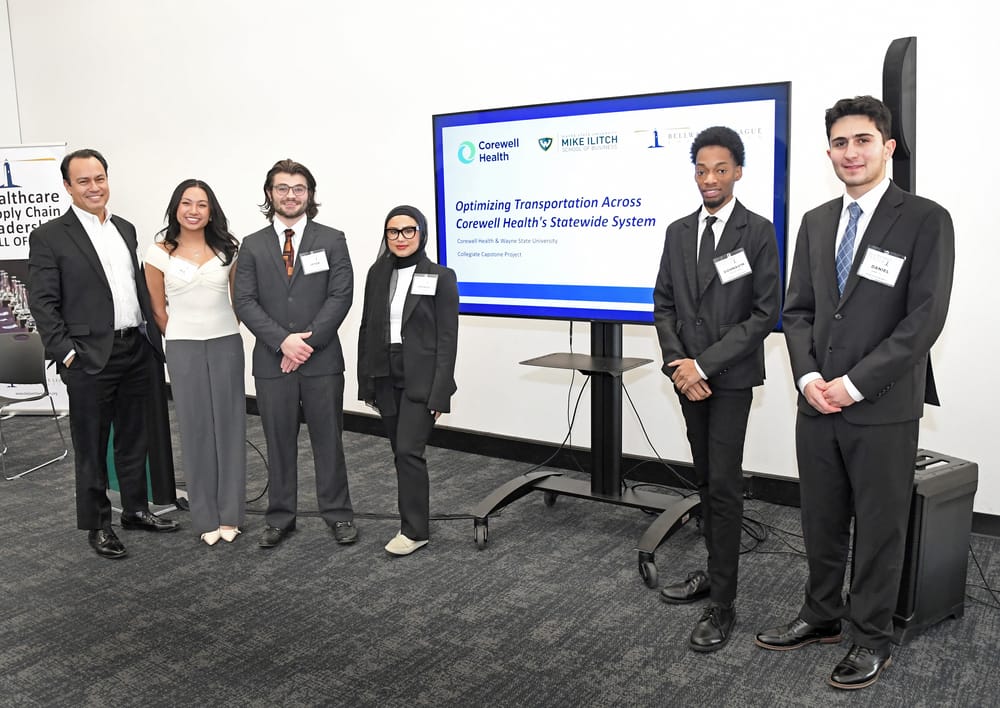 Wayne State University Collegiate Capstone Project team: Kevin Ketels, Mia Bustamante, Jesse Pratt, Zeinab Alhilal, Donnavin Jones and Daniel Saleem. Not pictured: Zyrah Ashraf.