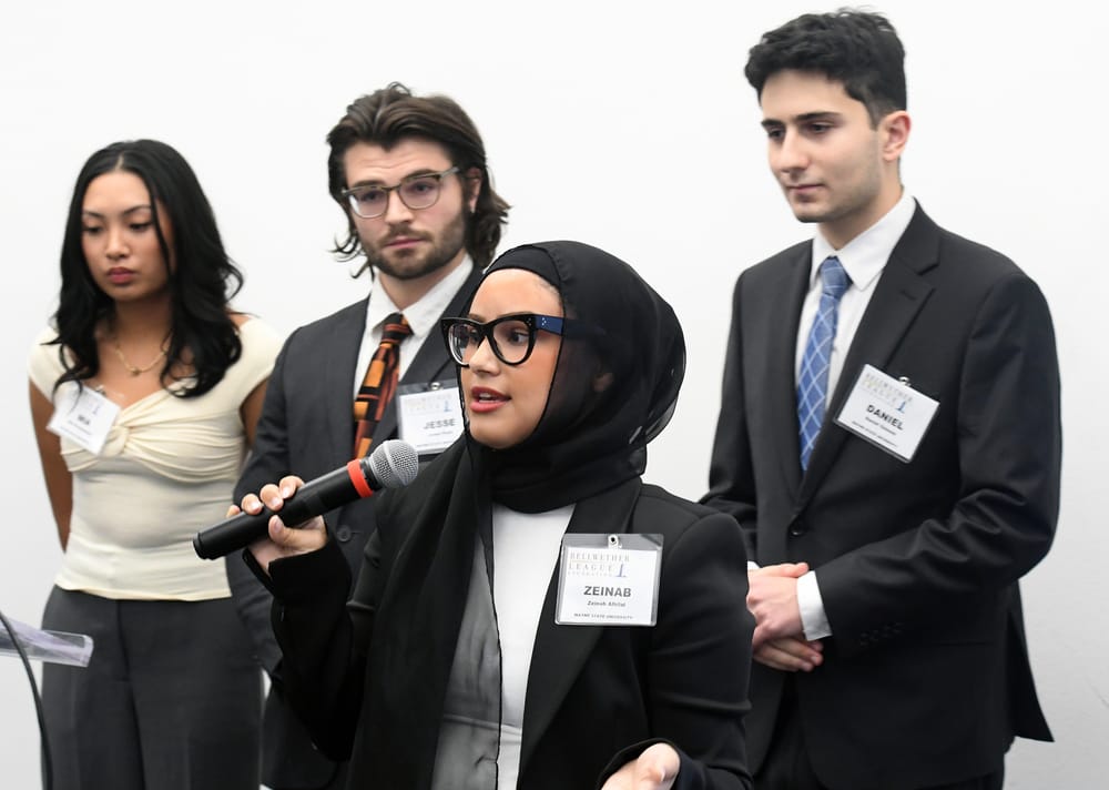WSU supply chain student Zeinab Alhilal delivers a segment of the team's Collegiate Capstone Project presentation during the Bellwether Leadership Symposium.