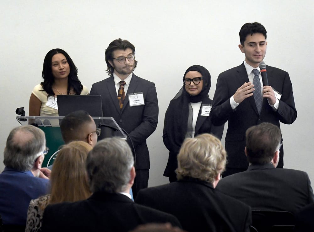 WSU supply chain student Daniel Saleem gives a portion of the team's Collegiate Capstone Project presentation during the Bellwether Leadership Symposium.