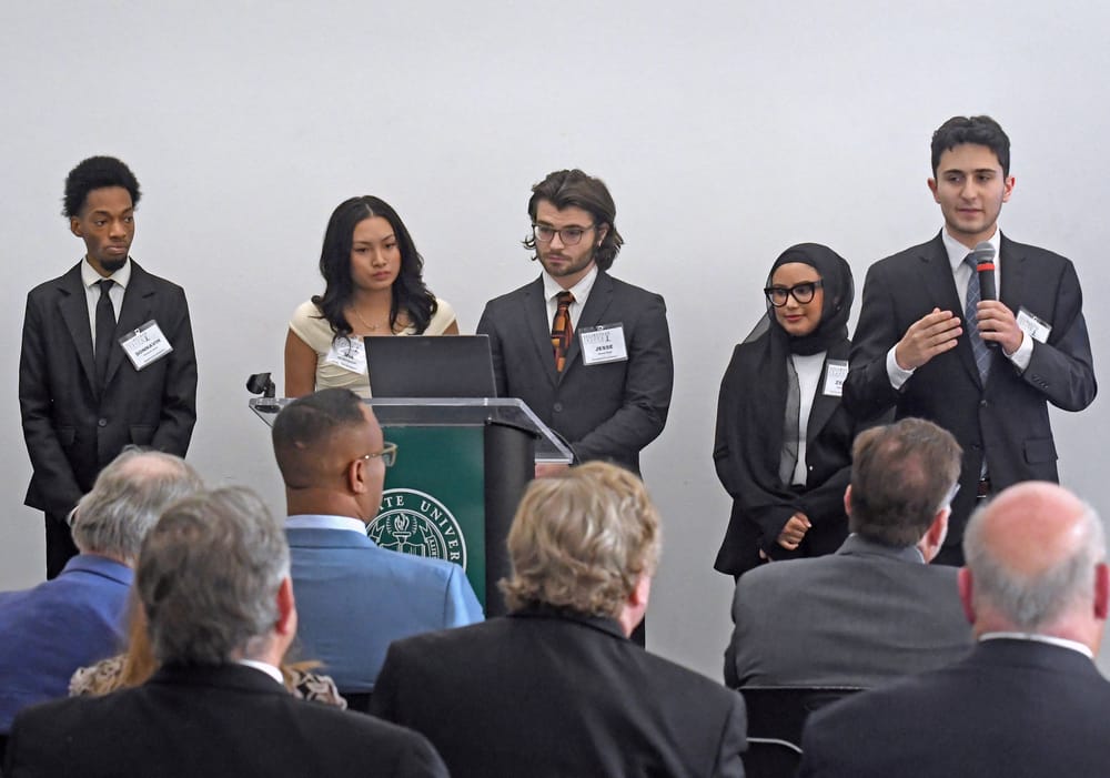 The Wayne State University supply chain student team (left to right): Donnavin Jones, Mia Bustamante, Jesse Pratt, Zeinab Alhilal and Daniel Saleem. Not pictured: Zyrah Ashraf who participated via pre-recorded video.