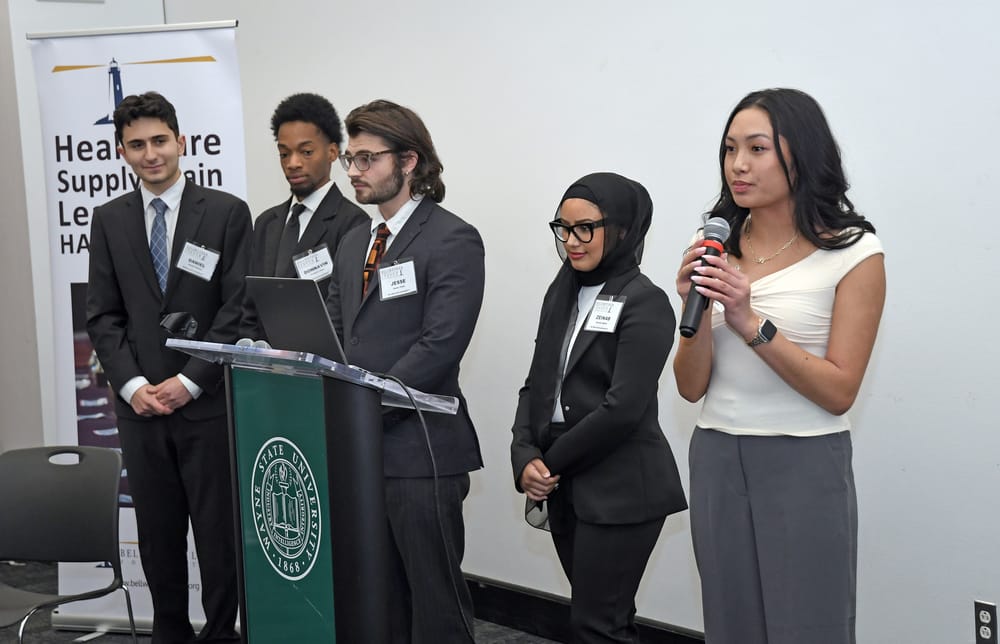 WSU supply chain student Mia Bustamante and the Collegiate Capstone Project team listen to an audience question.