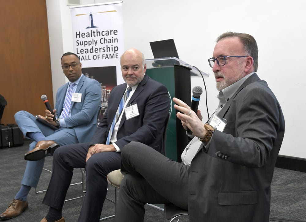 Bellwether Leadership Roundtable moderator Joe Colonna expresses his viewpoint as panelists Ed Hisscock, Bellwether Class of 2022, and Chico Manning, Future Famers Class of 2024, wait to weigh in.
