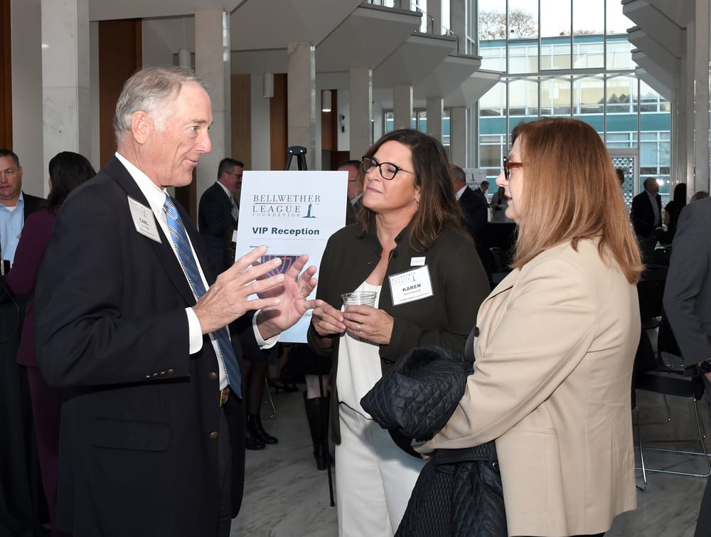 Carl Meyer (left), Bellwether Class of 2019, converses with Vizient’s Karen Kresnik (center), Future Famers Class of 2017, and Vizient’s Margaret Barker (right).