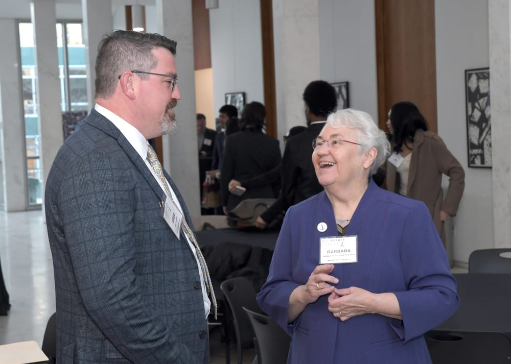 BLF Chairman Barbara Strain, Bellwether Class of 2021, enjoys a lighter moment with Greg Langlois, son of Mike Langlois, Bellwether Class of 2025.