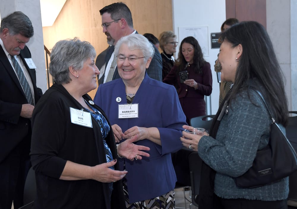 Sue Tyk, Bellwether Class of 2022; Barbara Strain, Bellwether Class of 2021 and BLF Board Chairman; and Amy Chieppa, Future Famers Class of 2018; enjoy a lighter moment of fresh conversation.