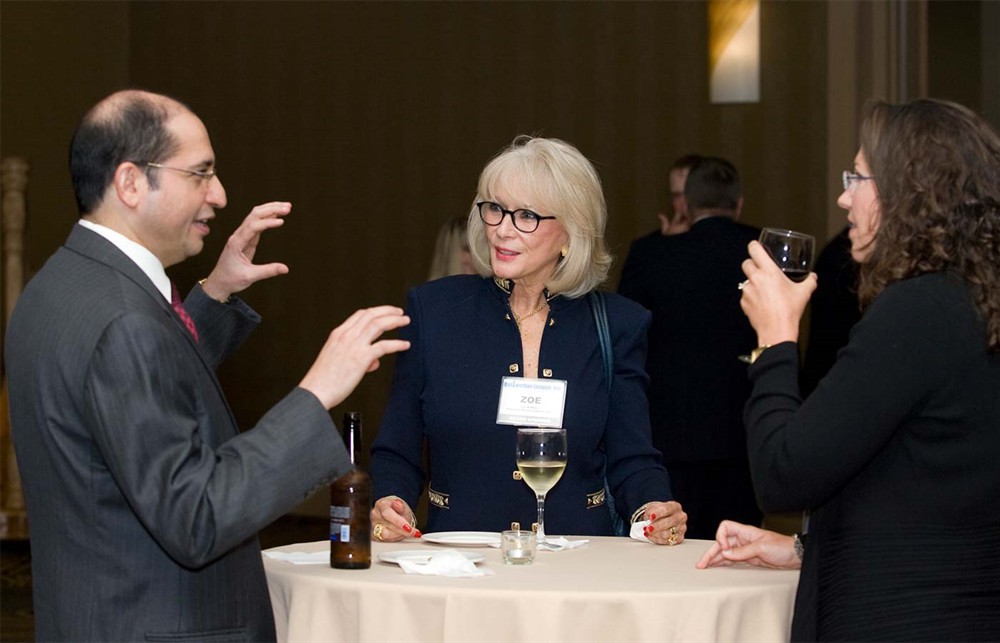 Gold Sponsor M.D. Buyline’s Satin Mirchandani (left) shares a story with Silver Sponsor IMS’ Zoe McMillen (center) and Gold Sponsor AmerisourceBergen’s Beth Richter (right).