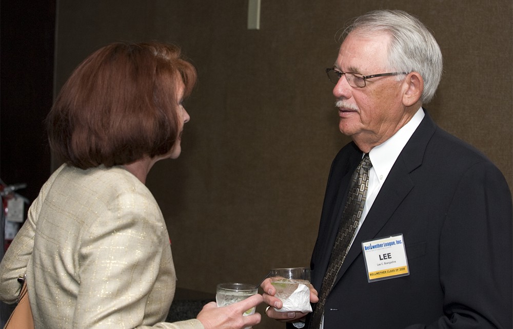 Lee Boergadine (Bellwether Class of 2008) listens to Carol Stone from Gold Sponsor C.R. Bard