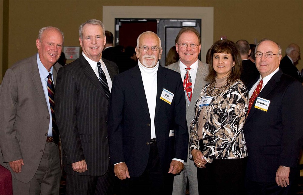 Bellwethers. (Left to right) Retiring Board Member Tom Hughes, Secretary John Gaida, Bellwether Class of 2009 Inductee Sam Raudenbush, Kim C. Gossett, eldest son of Bellwether Class of 2010 Inductee George Gossett, Board Member Jean Sargent and Bellwether Class of 2010 Inductee Michael Louviere.