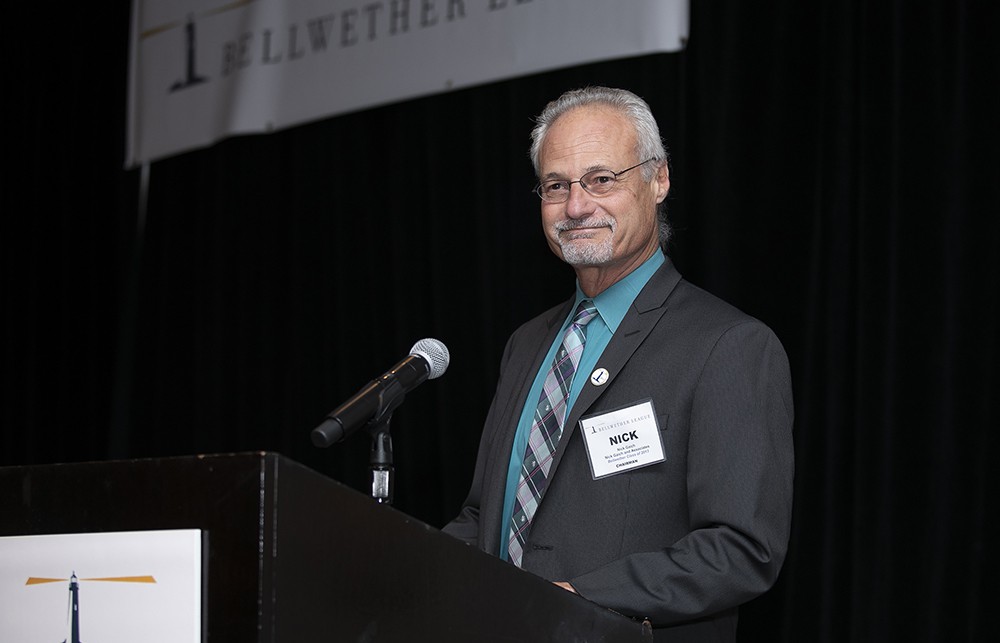 Bellwether League Chairman Nick Gaich (Bellwether Class of 2013) gets ready to deliver his opening remarks for the 2019 induction ceremony.